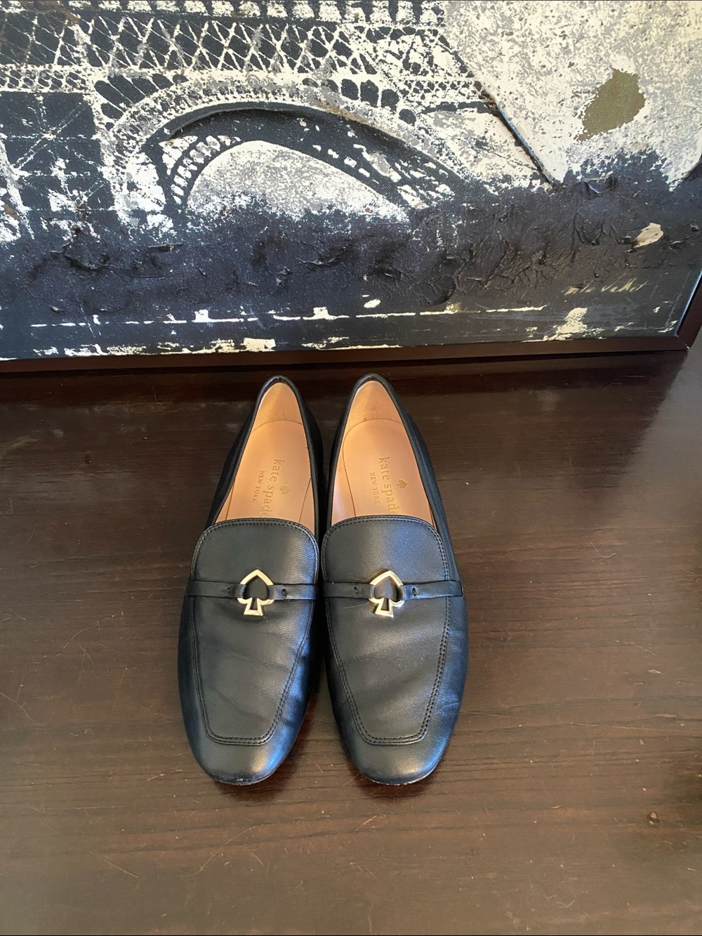 Authentic Kate Spade Black Leather Women’s Size 7B Loafer with Gold Spade Accent